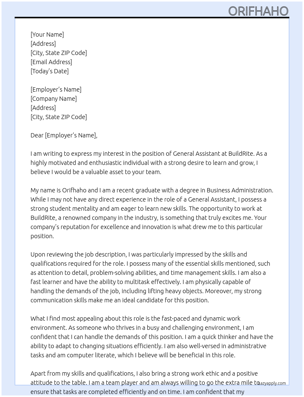 General Assistant At BuildRite Cover Letter