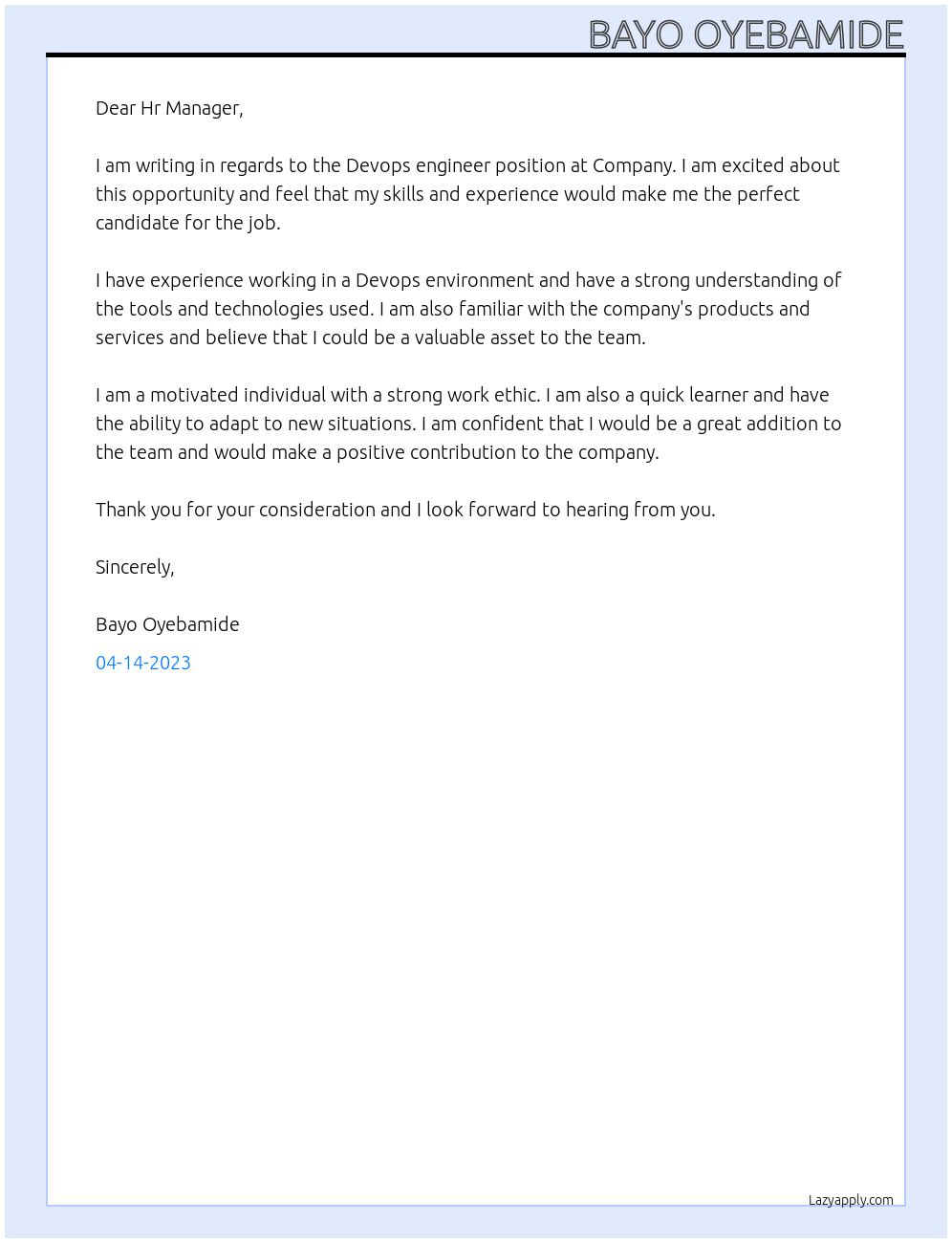 Devops engineer At Company Cover Letter