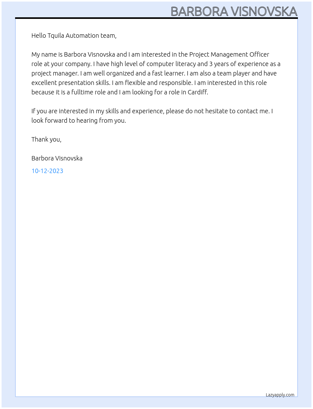 Project Management Officer At Tquila Automation Cover Letter