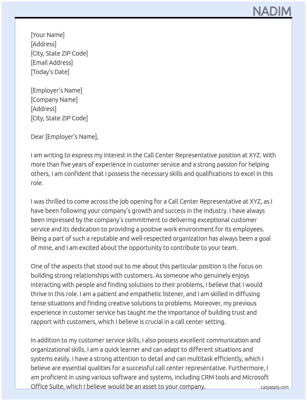 Call Center Representative At Xyz Cover Letter