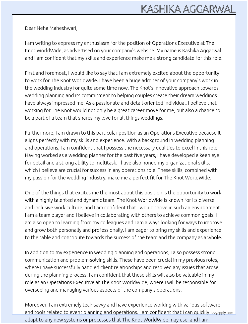 Operations Executive At The Knot WorldWide Cover Letter