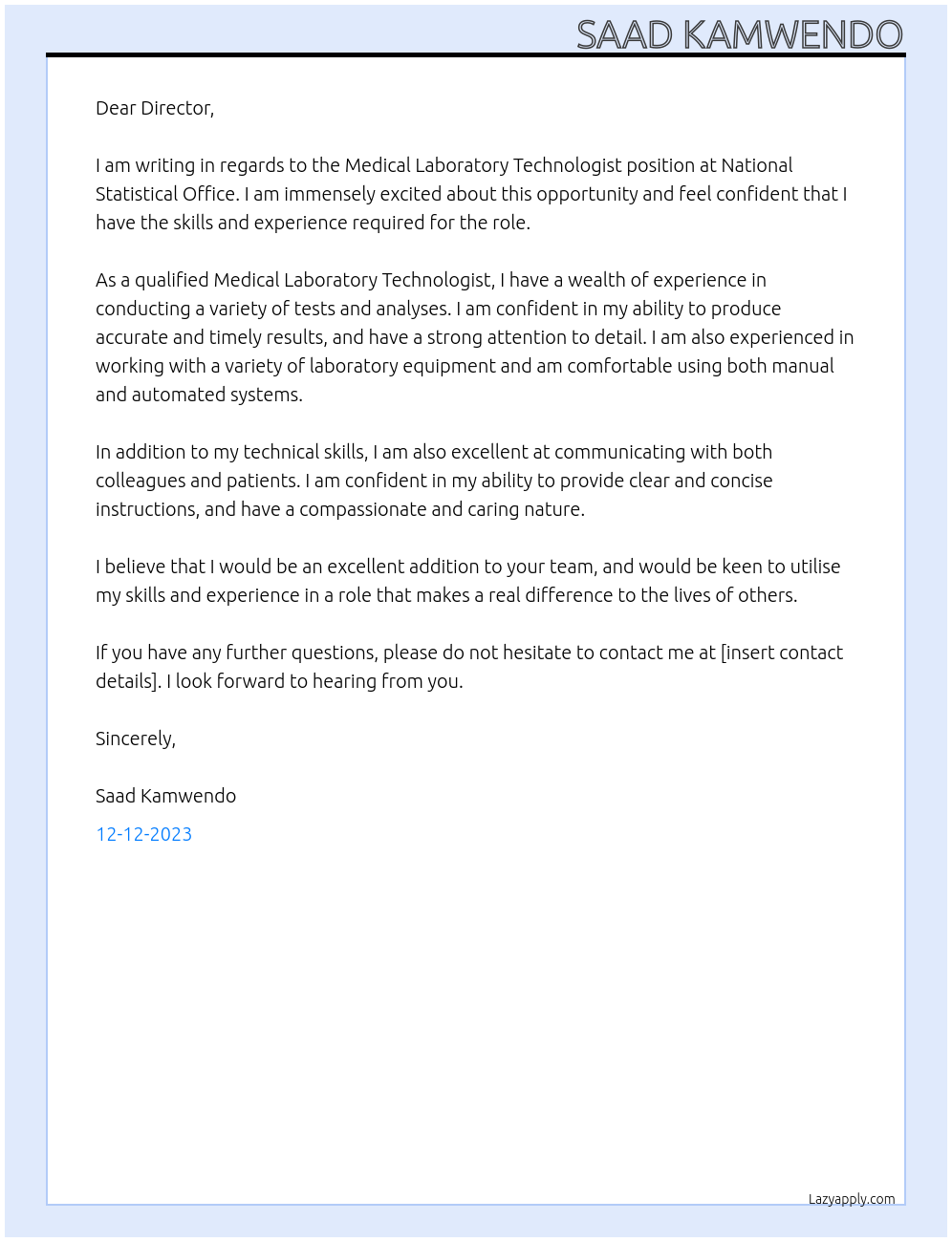 Medical laboratory technologist At National Statistical Office Cover Letter