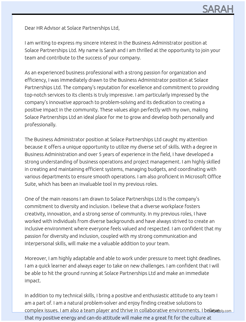 Business Administrator At Solace Partnerships ltd Cover Letter