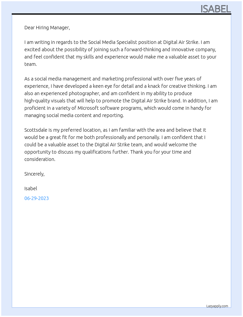 Social Media Specialist At Digital Air Strike Cover Letter