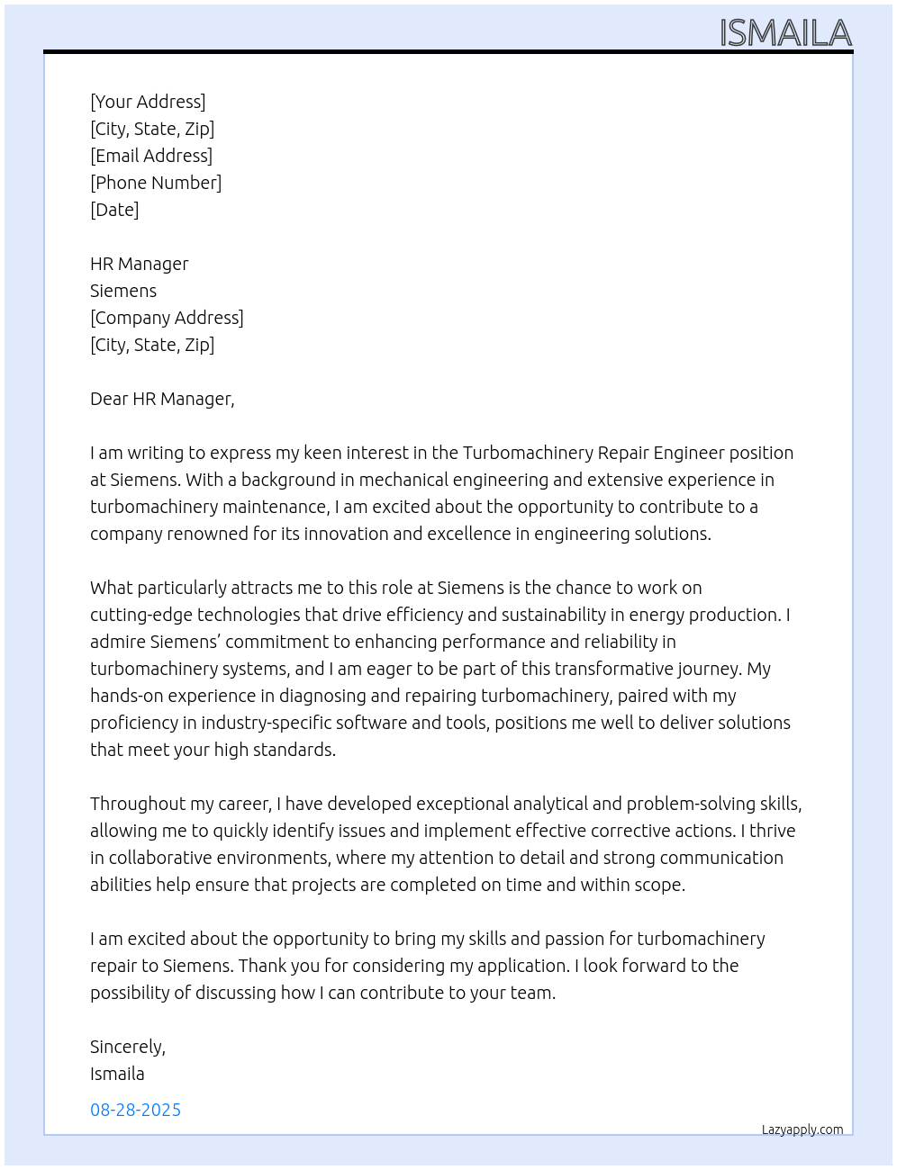 Turbomachinery repair Engineer At Siemens Cover Letter