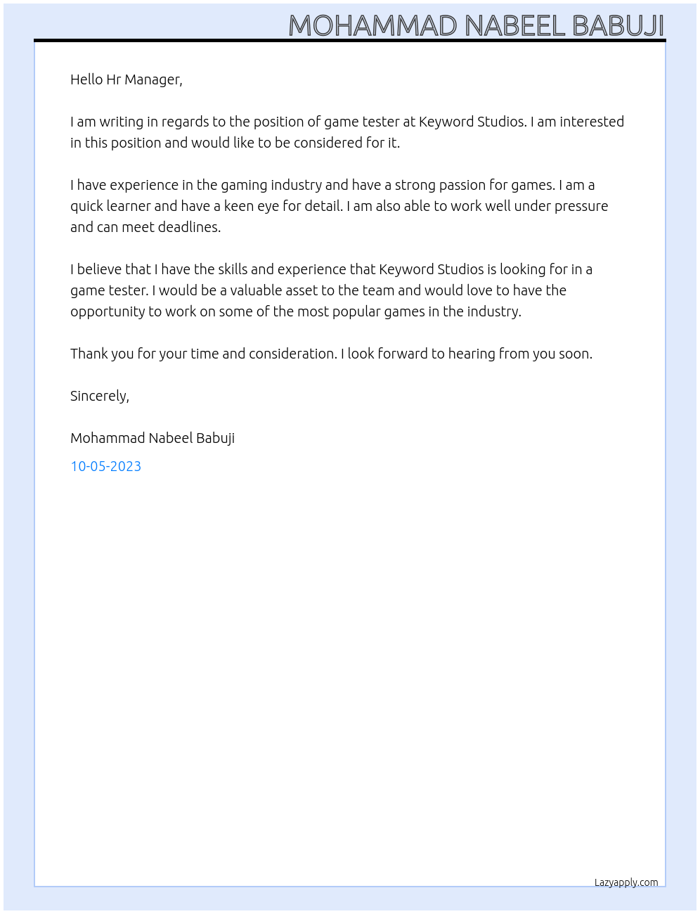 Game tester At Keyword studios Cover Letter