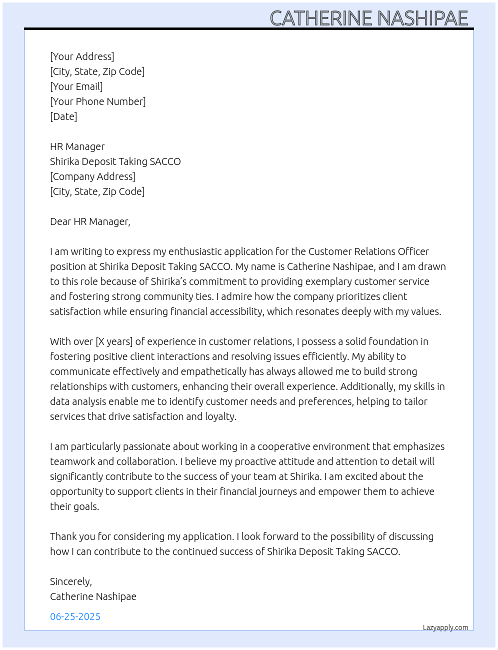Cover letter for customer relations officer - LazyApply