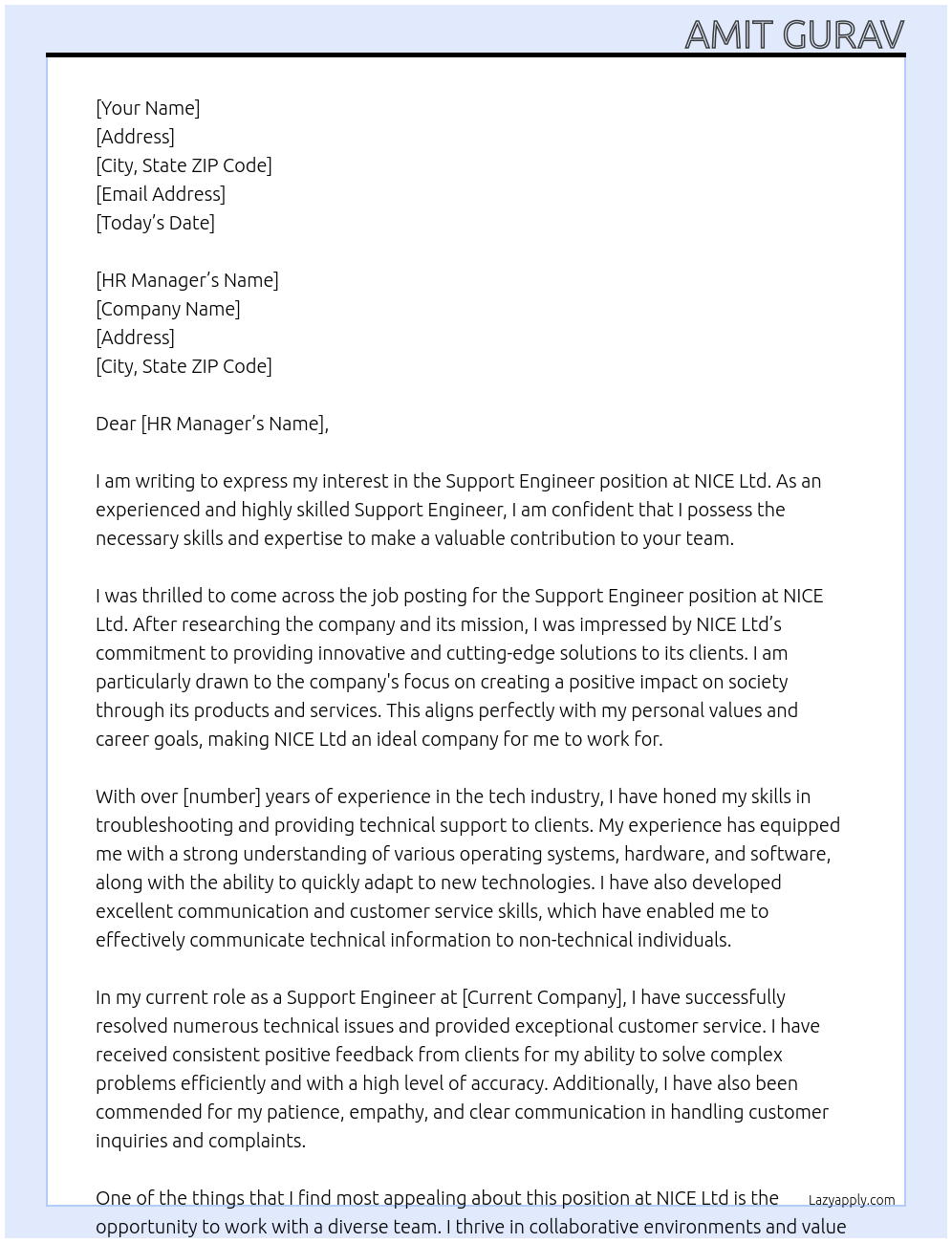Support engineer At NICE Ltd Cover Letter