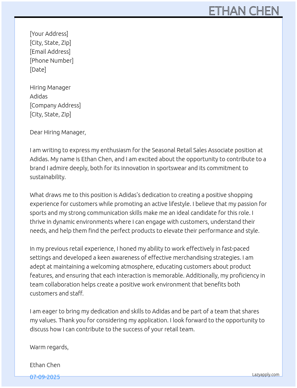 Retail sales associate At Adidas Cover Letter