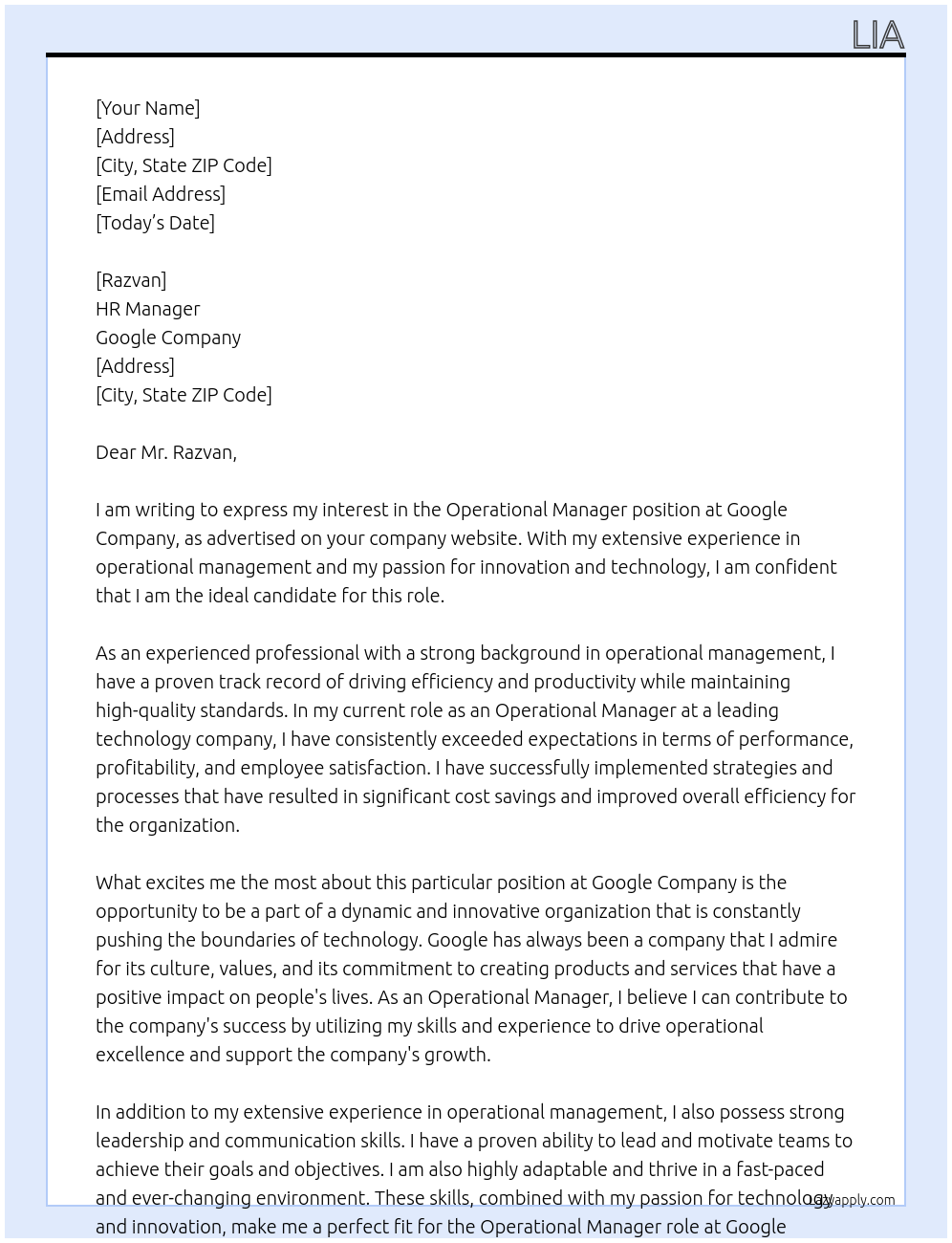 Operational Manager At Google Company Cover Letter
