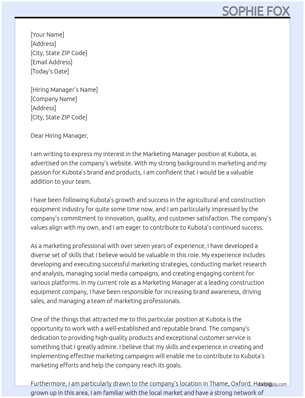 Marketing Manager At Kubota Cover Letter