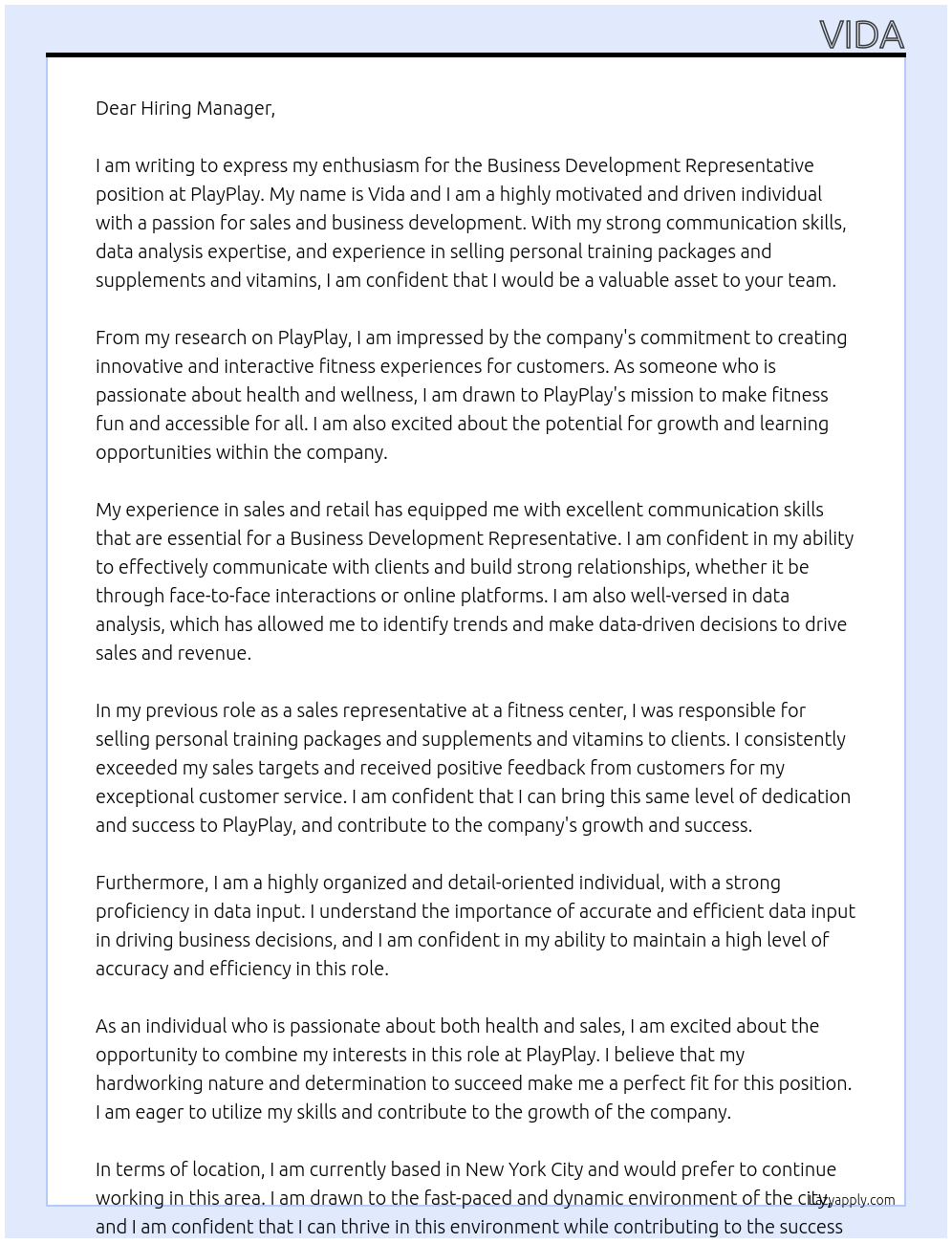 Business Development Representative At PlayPlay Cover Letter