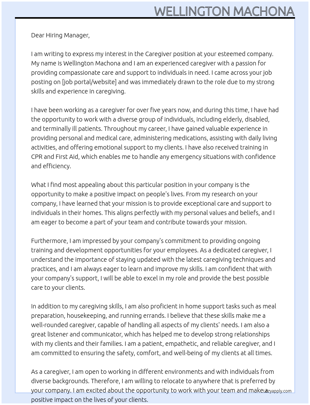 Care giver At N/A Cover Letter