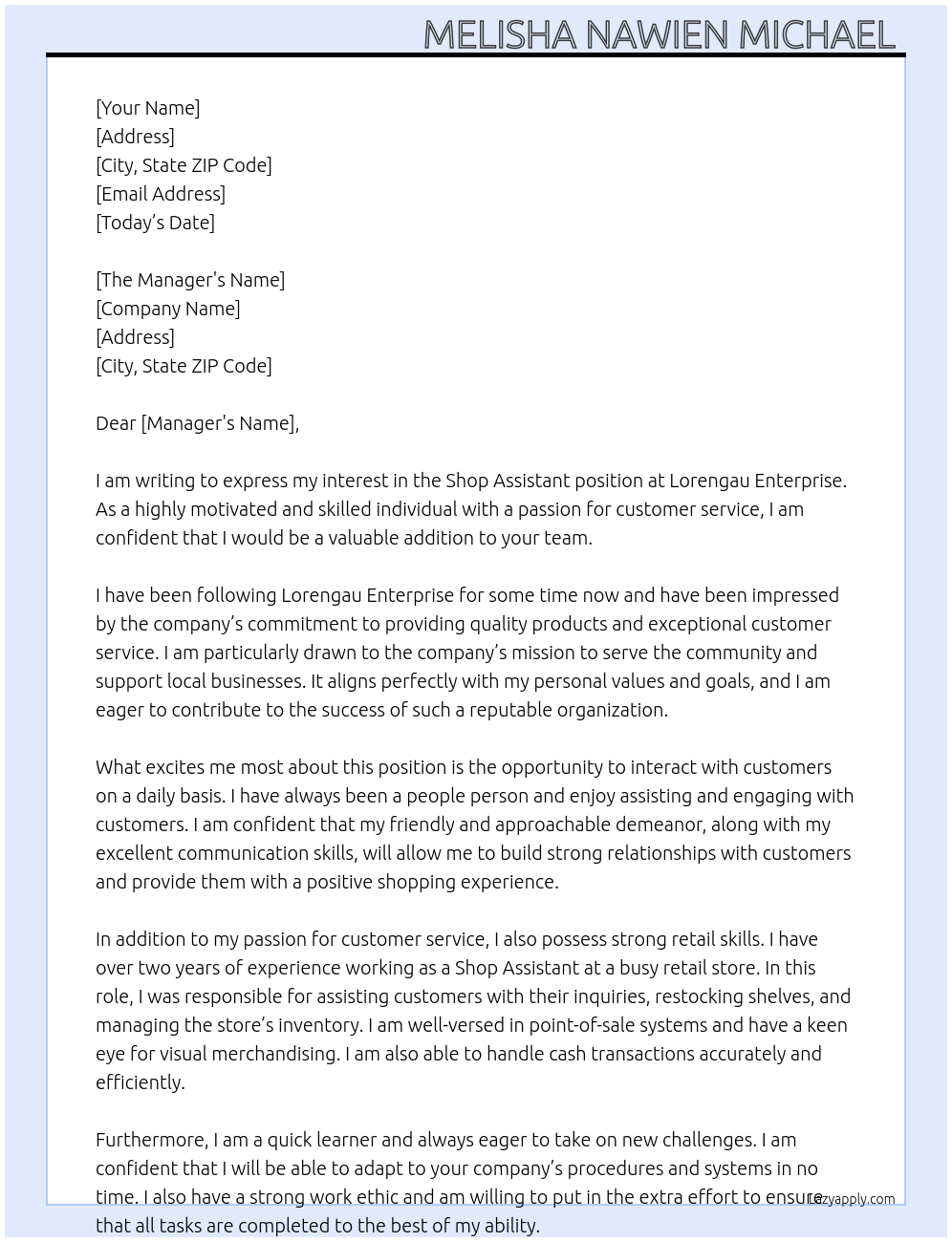 Shop assistant At Lorengau enterprise Cover Letter