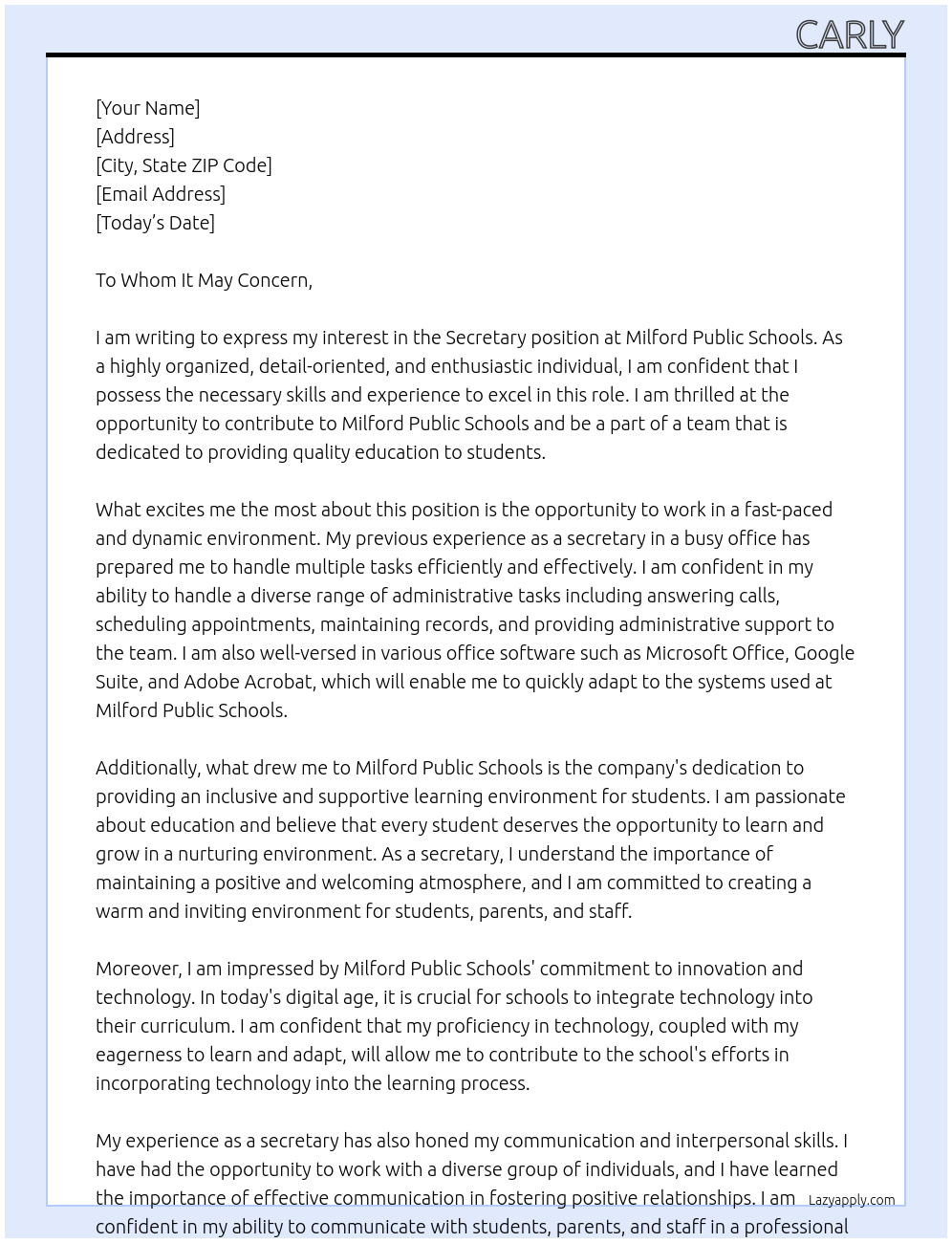 Secretary At Milford Public Schools Cover Letter