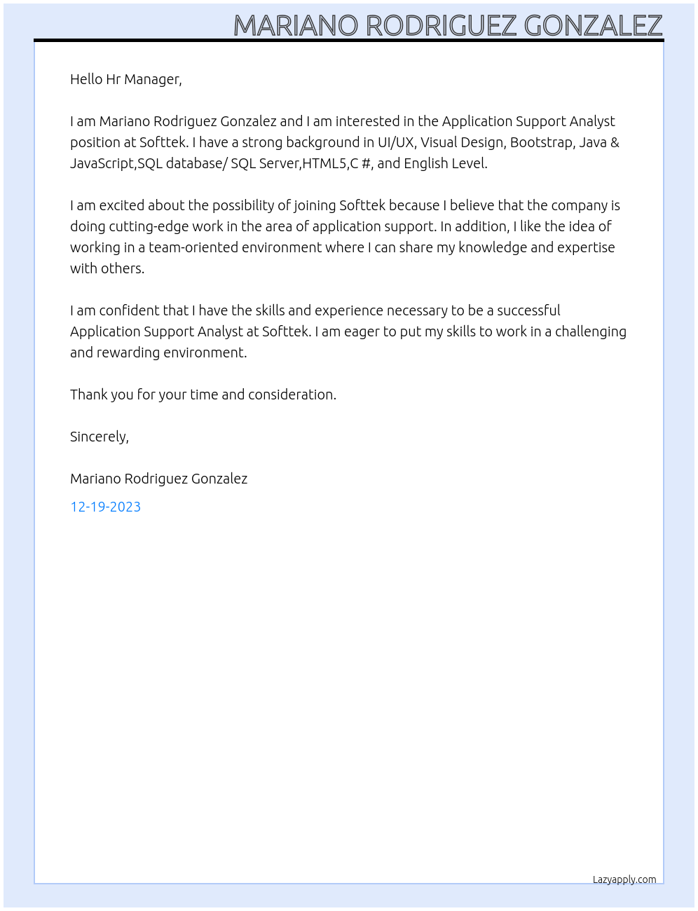 Application Support Analyst At Softtek Cover Letter