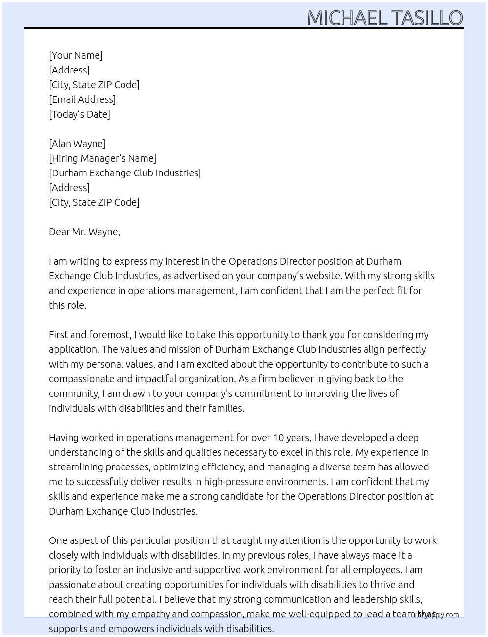 Operations Director At Durham Exchange Club Industries Cover Letter