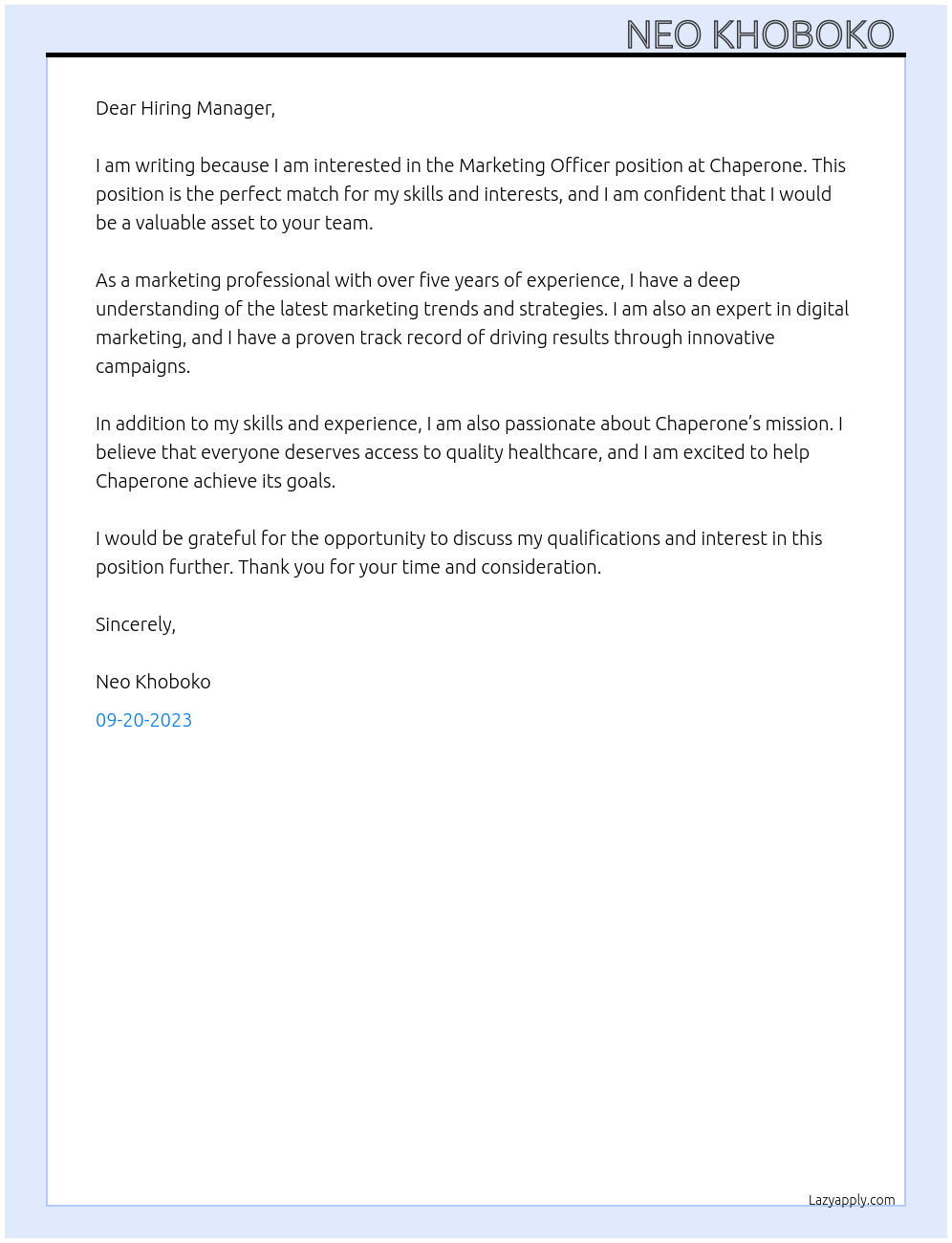 Marketing Officer At Chaperone Cover Letter