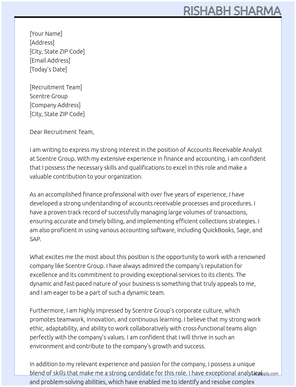 Accounts Receivable Analyst At Scentre Group Cover Letter