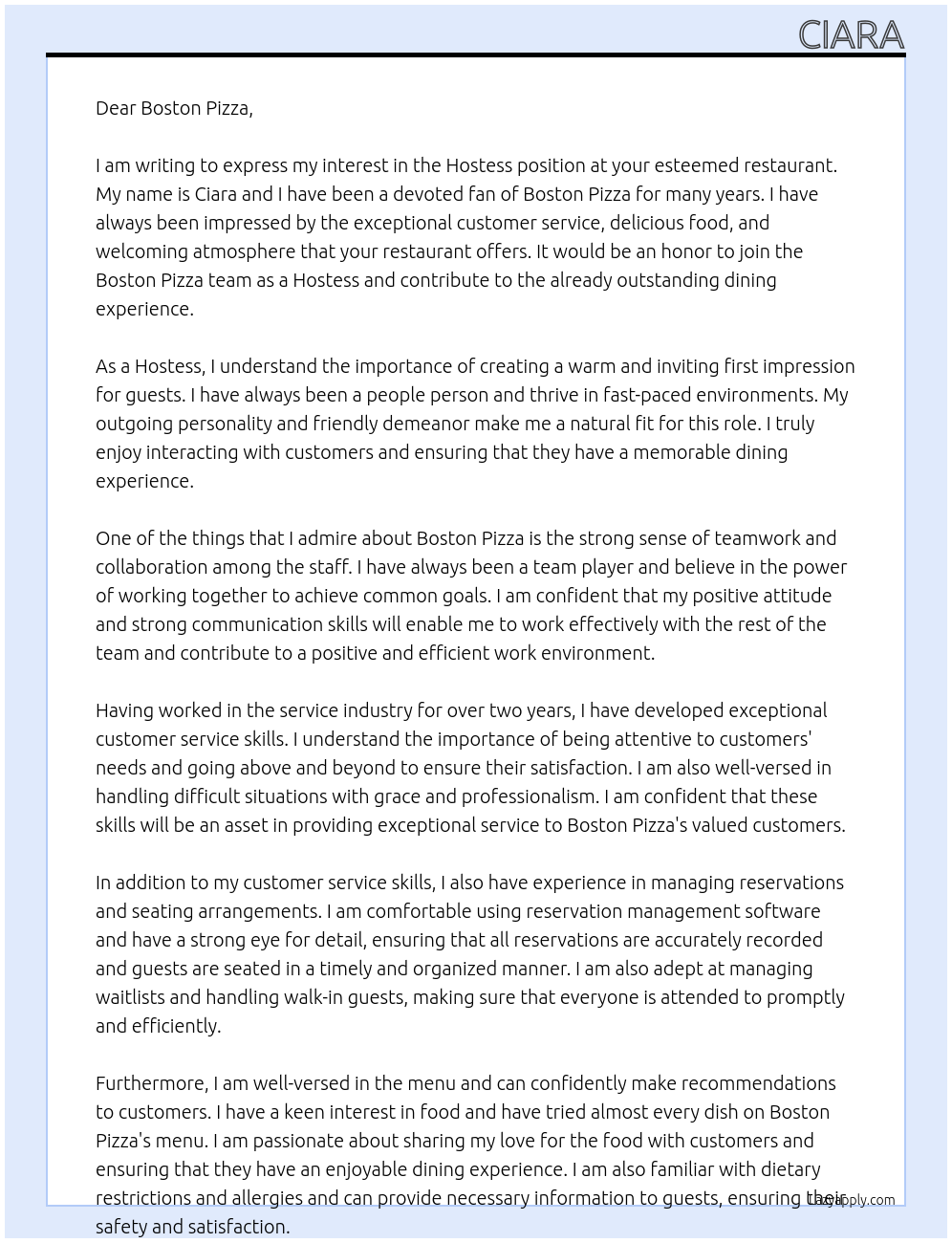 Hostess At Boston Pizza Cover Letter