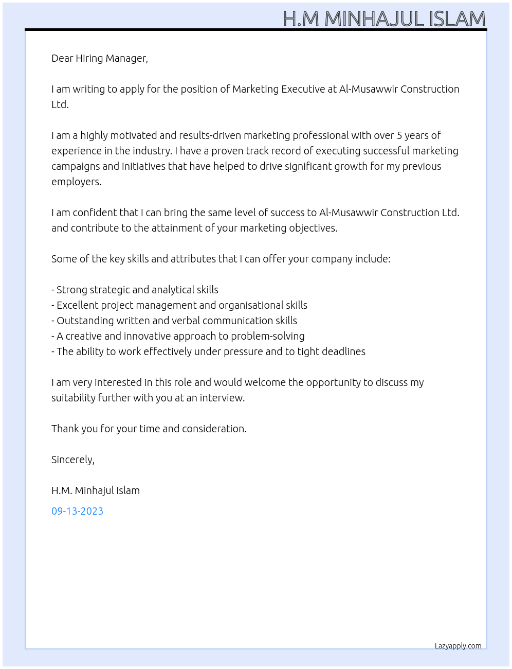 Marketing Executive At Al-Musawwir Construction Ltd Cover Letter