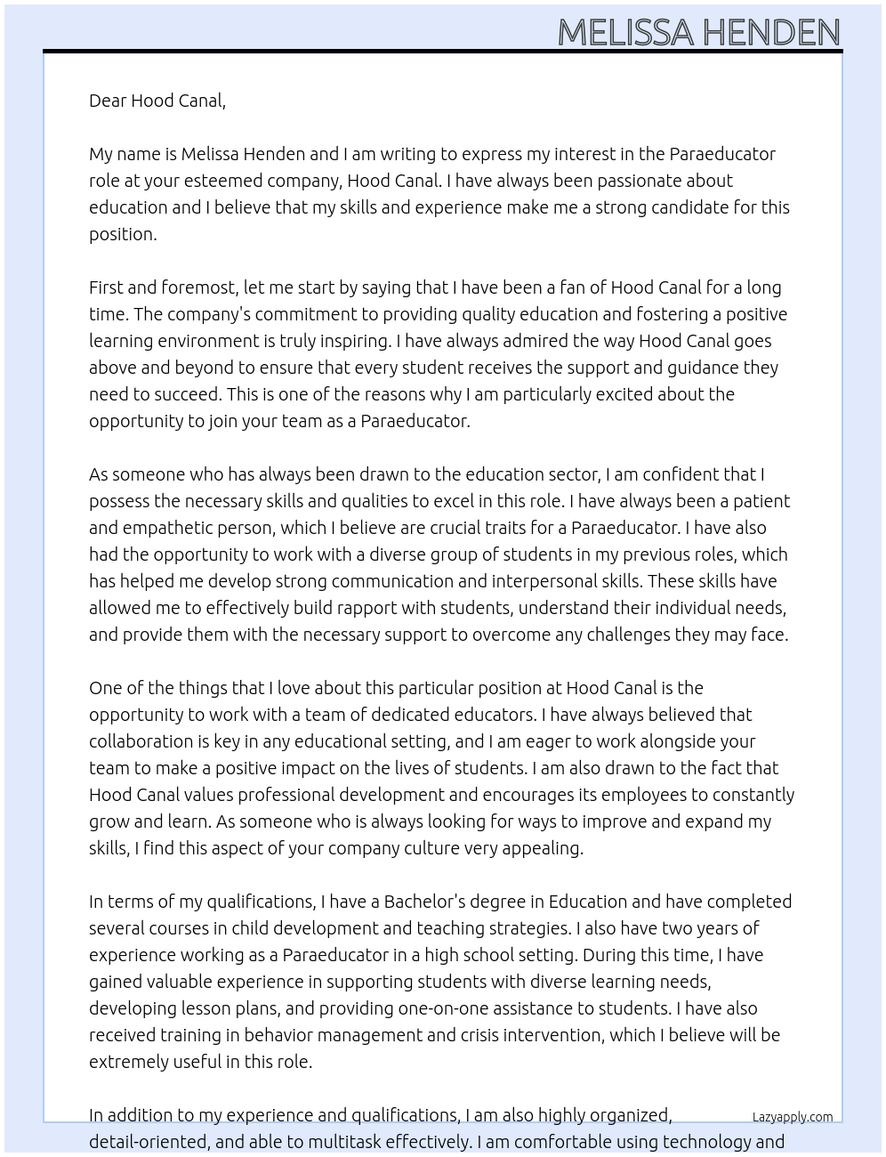 Paraeducator At Hood Canal Cover Letter