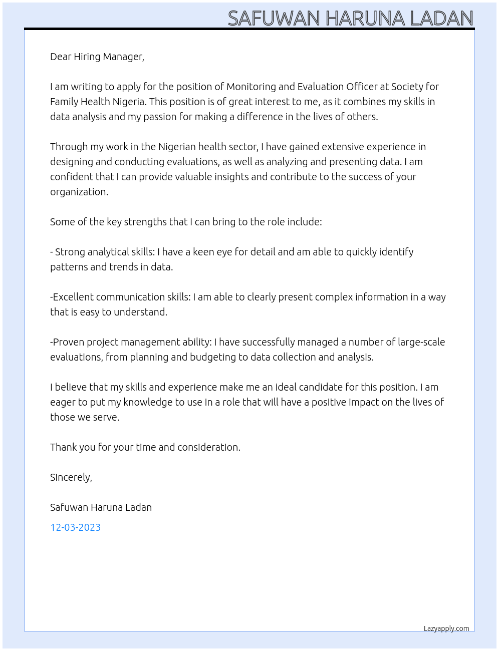 Monitoring and evaluation At Society for family Health Nigeria Cover Letter