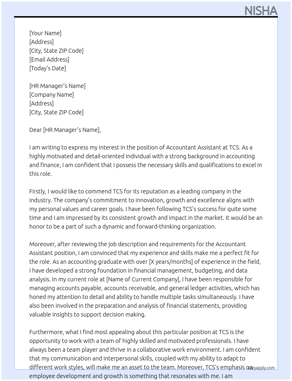 Accountant assistant At TCS Cover Letter