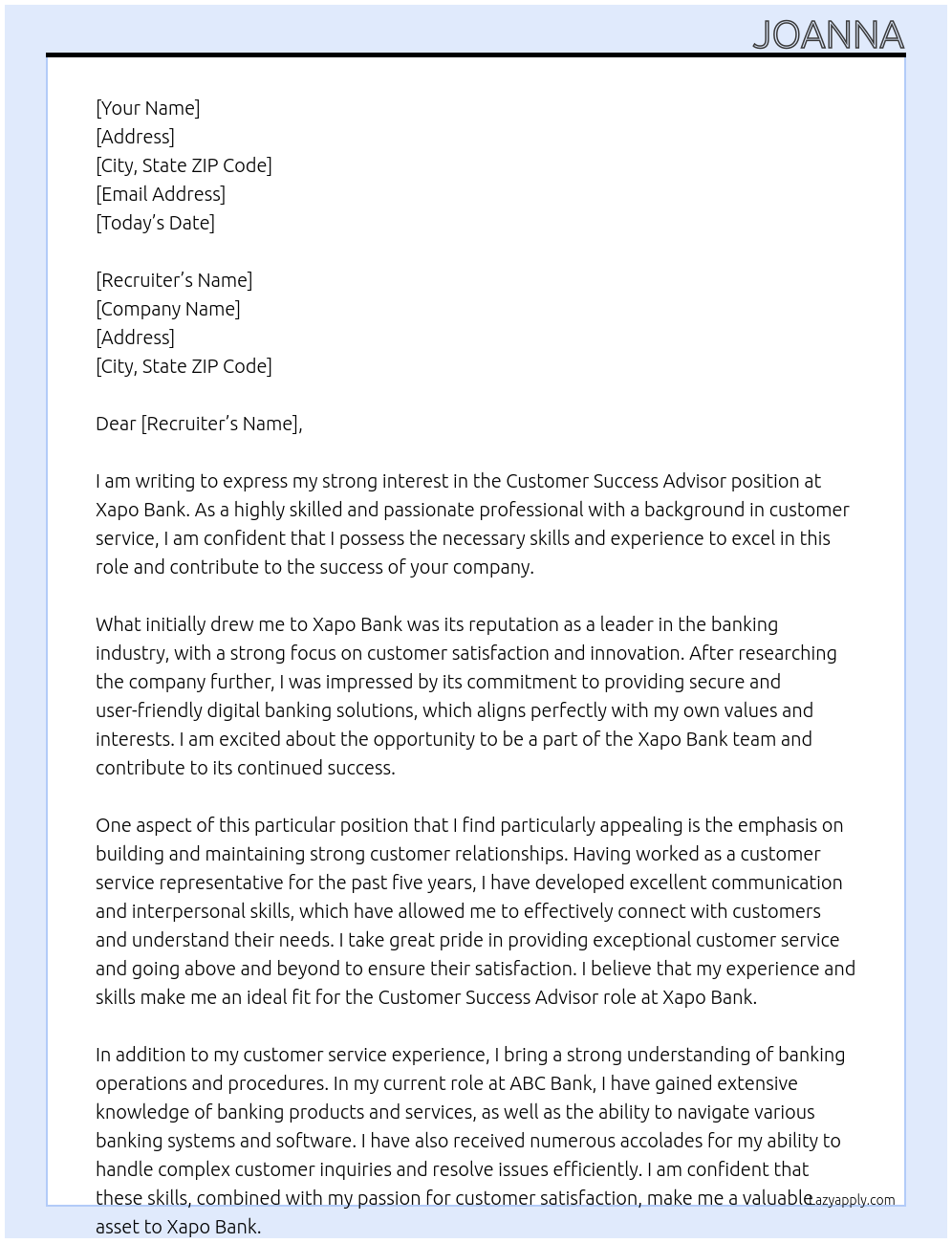 Customer Success advisor At xapo bank Cover Letter