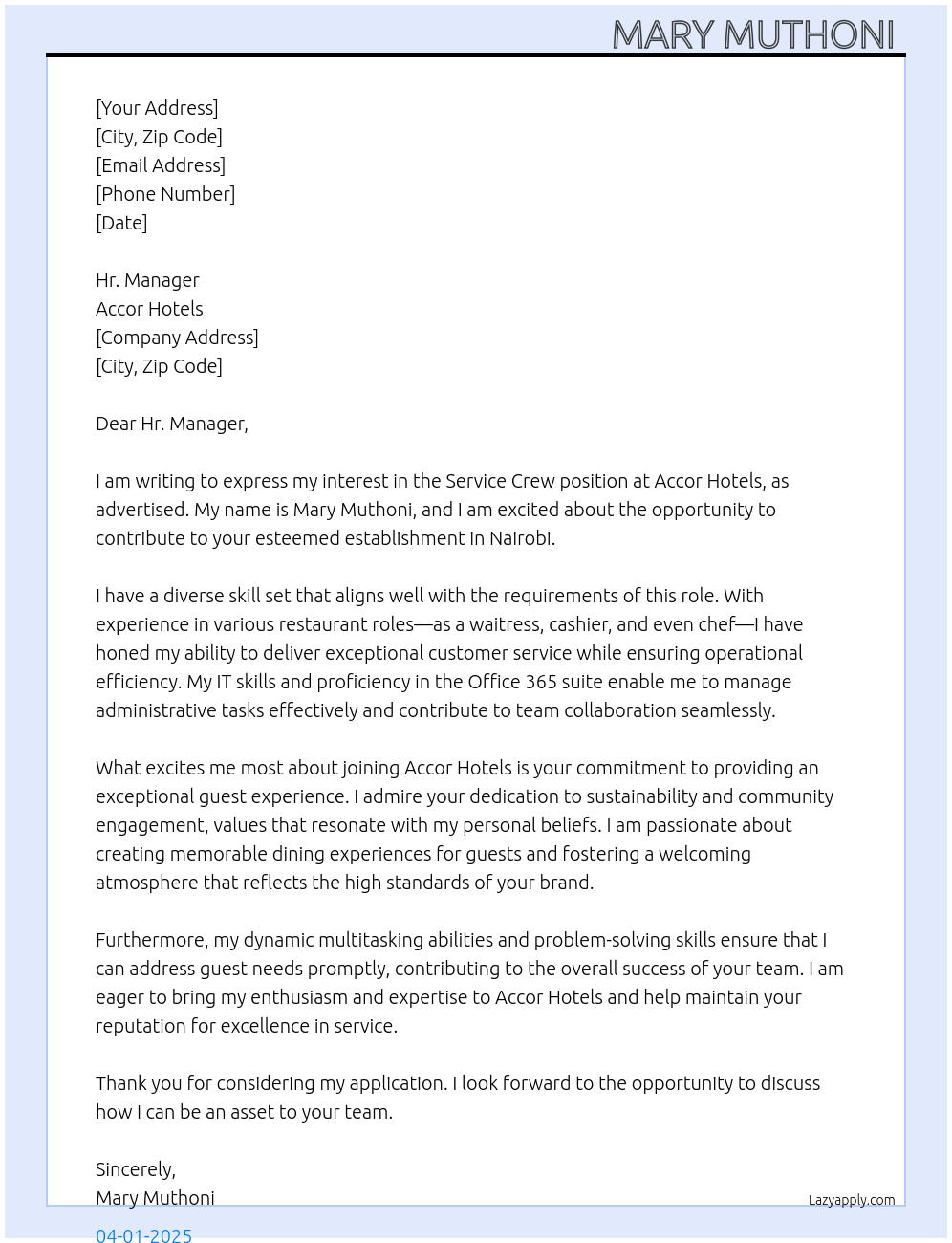 Service crew At Accor hotels Cover Letter