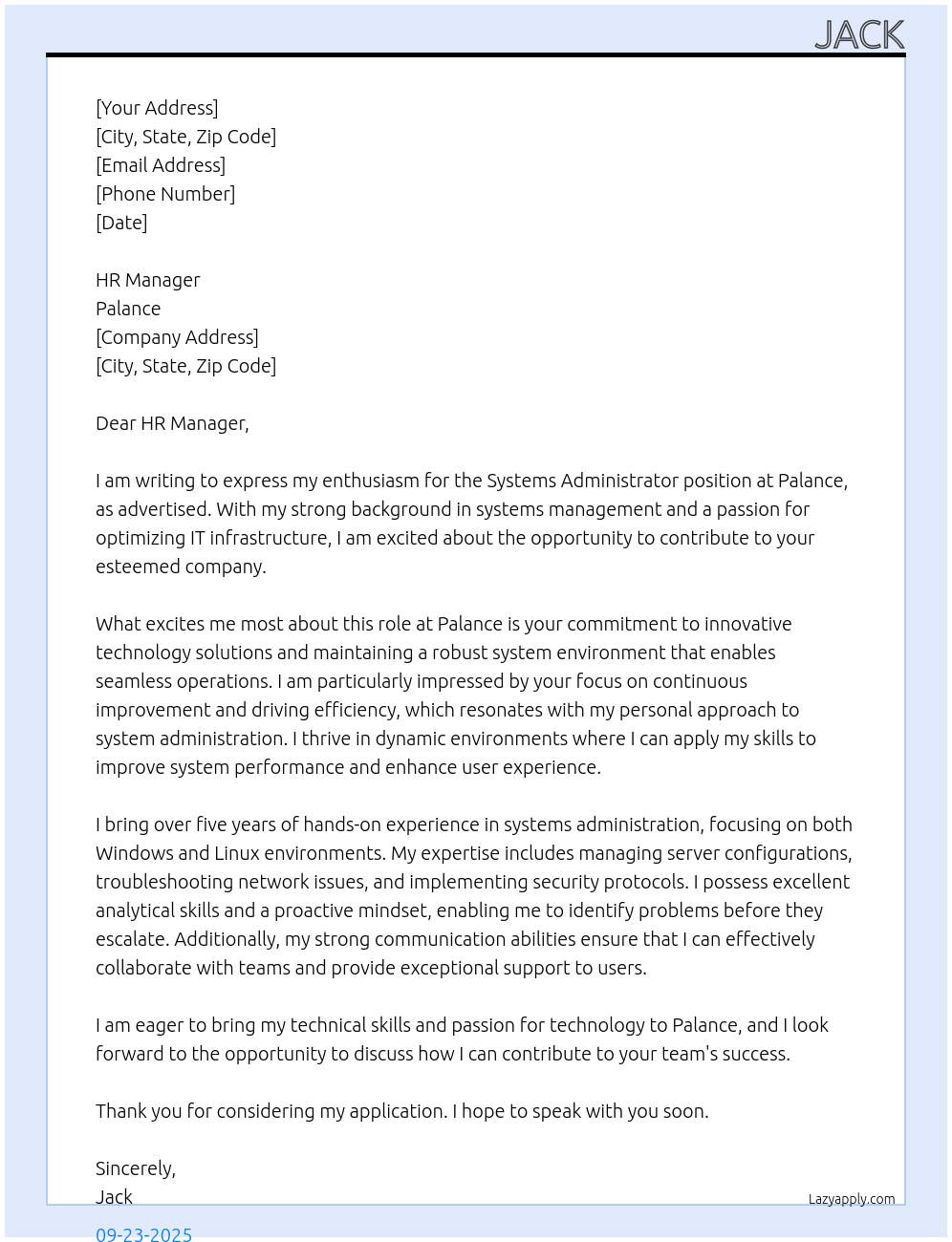 Cover letter for systems administrator - LazyApply