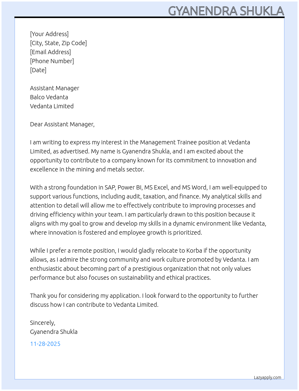 Management Trainee At Vedanta Limited Cover Letter