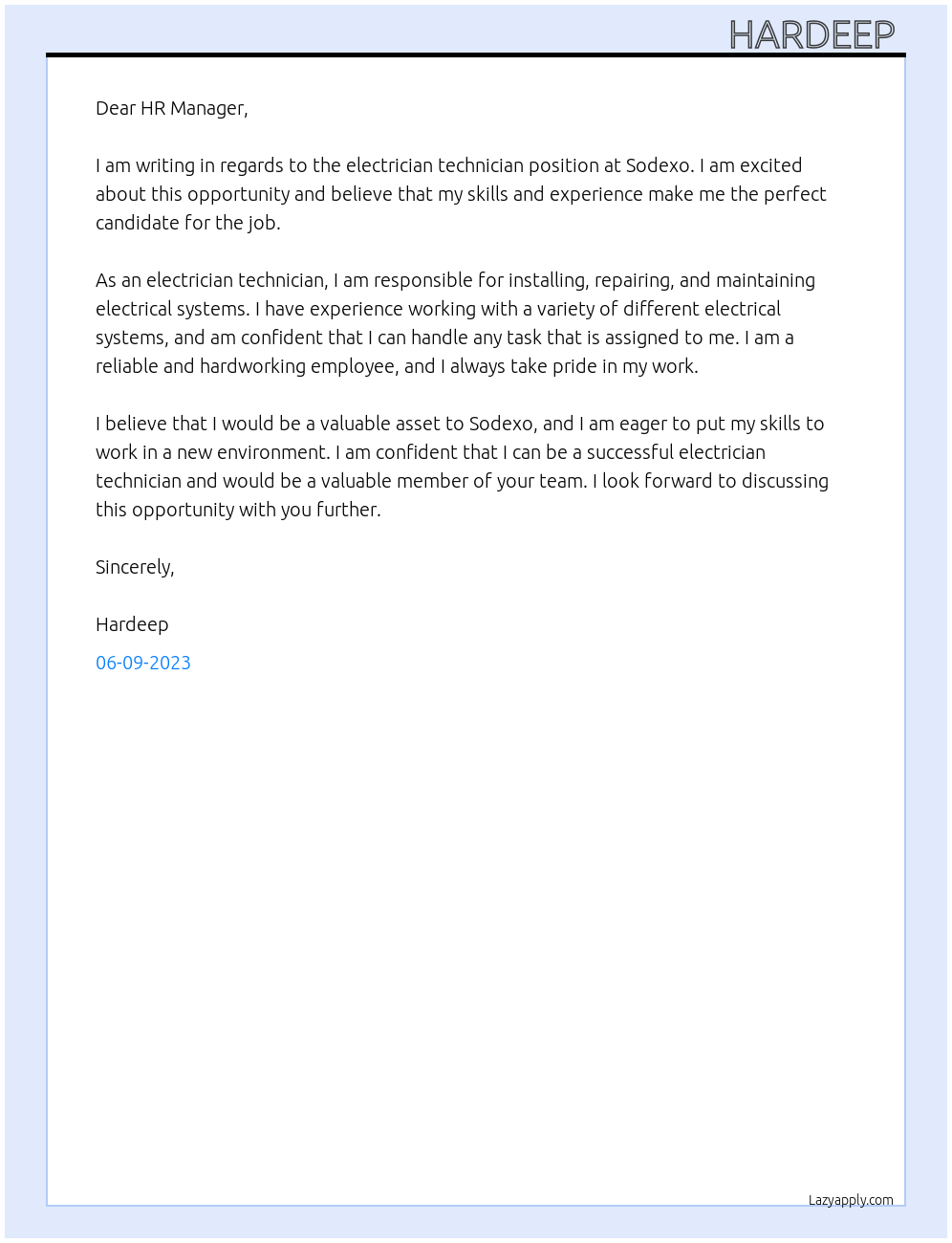 Electrician technician  At Sodexo  Cover Letter