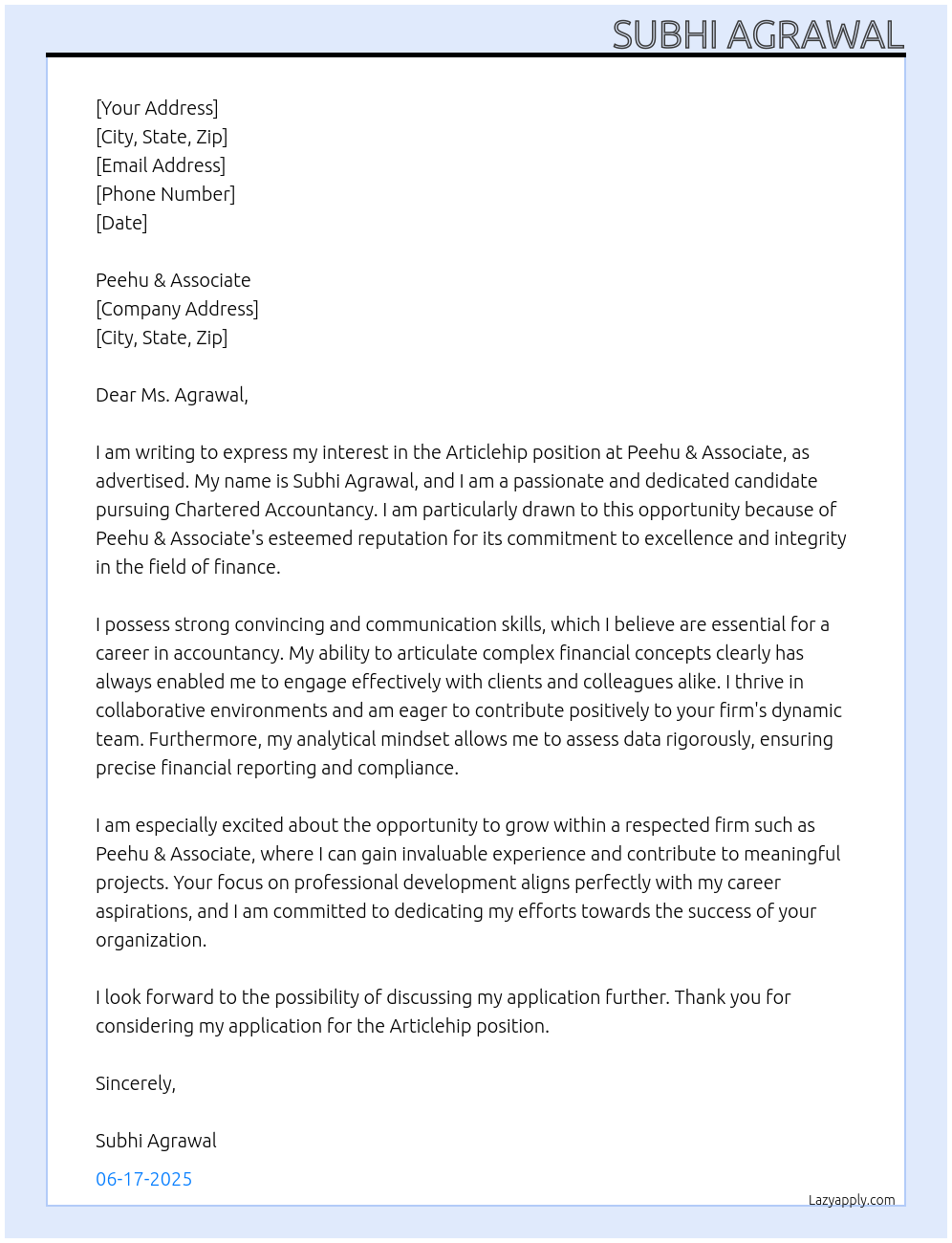 ARTICLESHIP At PEEHU & ASSOCIATE Cover Letter