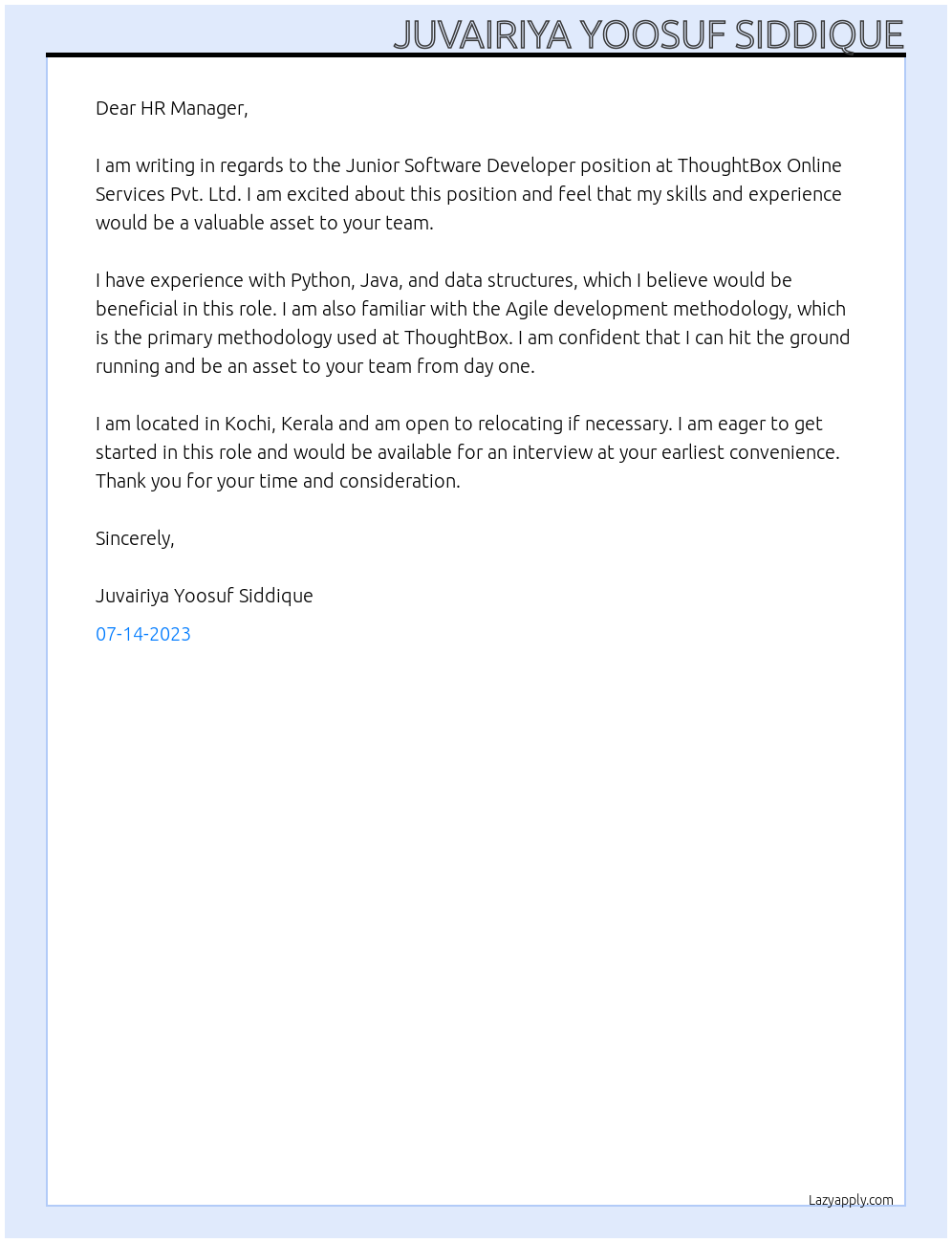 Junior Software Developer At ThoughtBox Online Service Pvt. Ltd Cover Letter