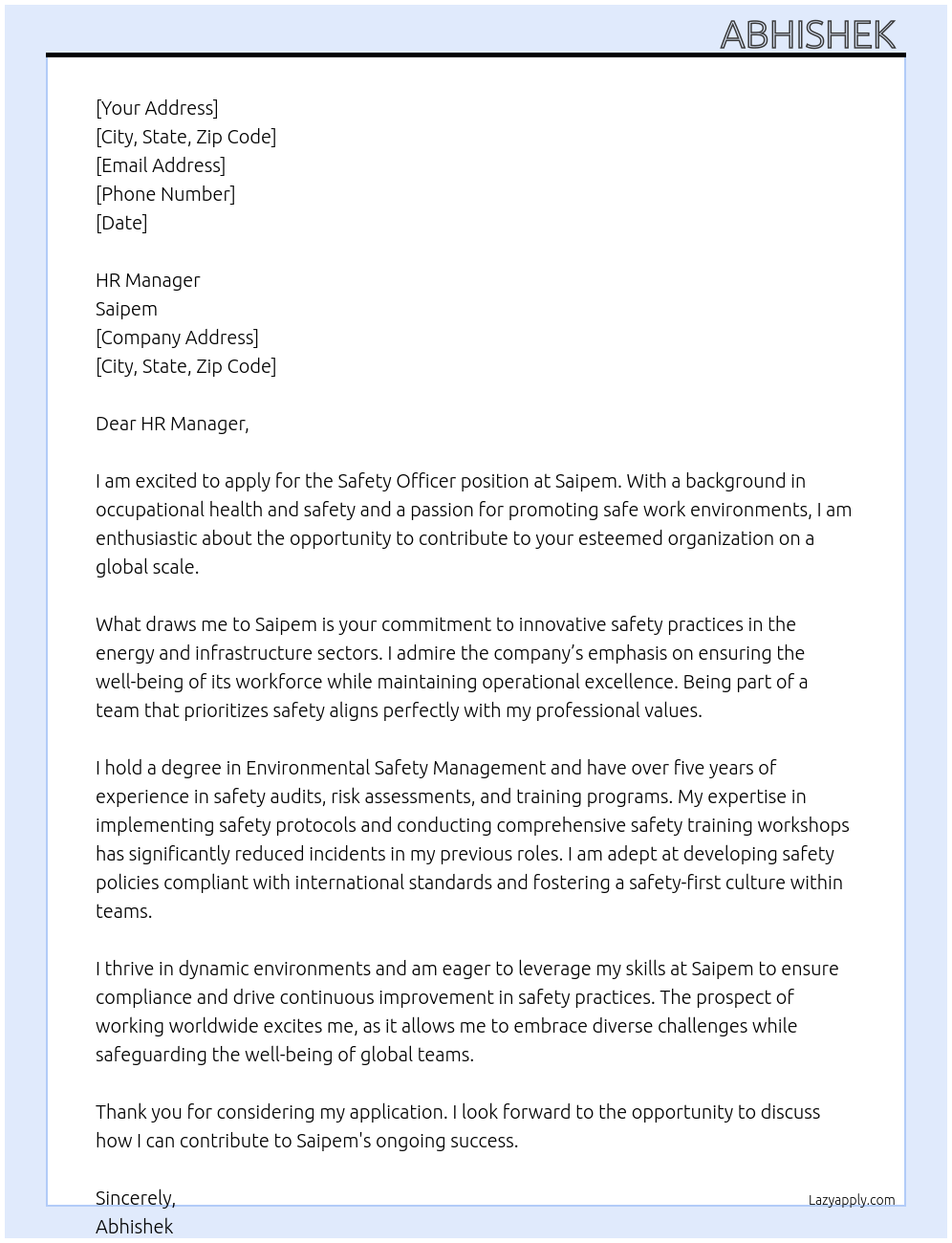 Safety Officer At Saipem Cover Letter