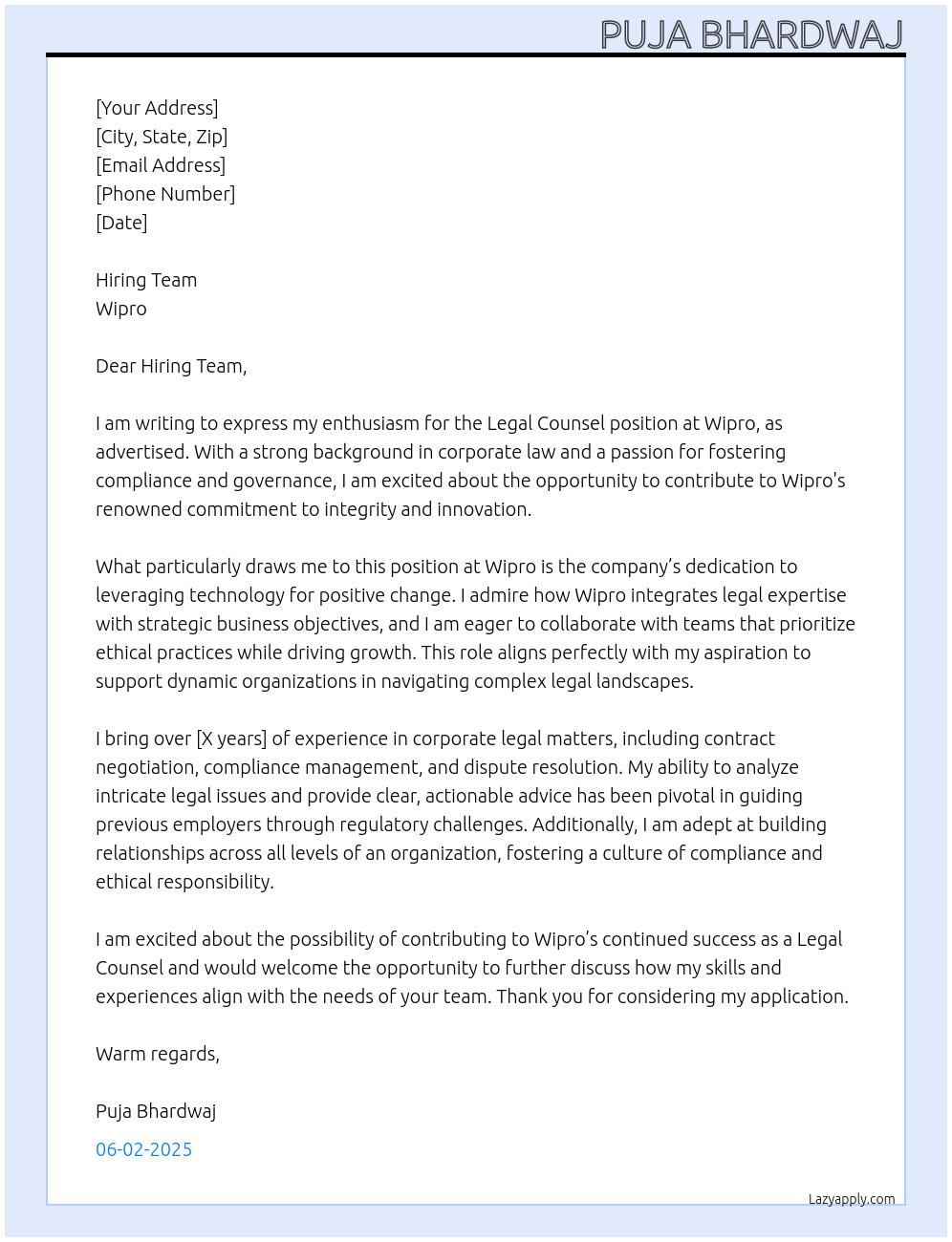 Legal Counsel At Wipro Cover Letter