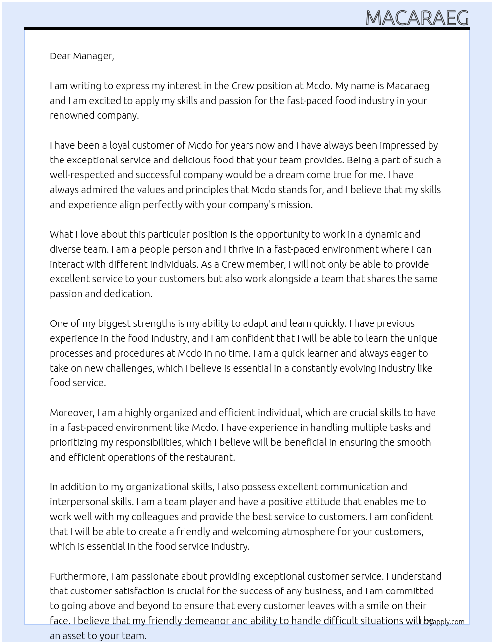 Crew At Mcdo Cover Letter