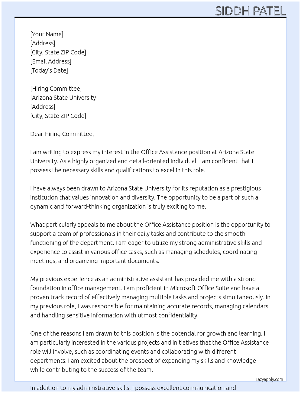 Office Assistance At Arizona State University Cover Letter