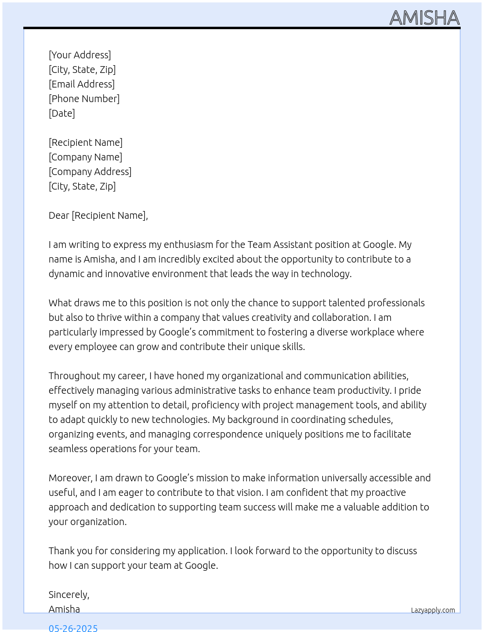 team assistant At google Cover Letter