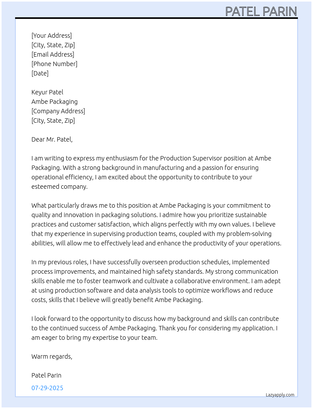 Production supervisor At Ambe packaging Cover Letter