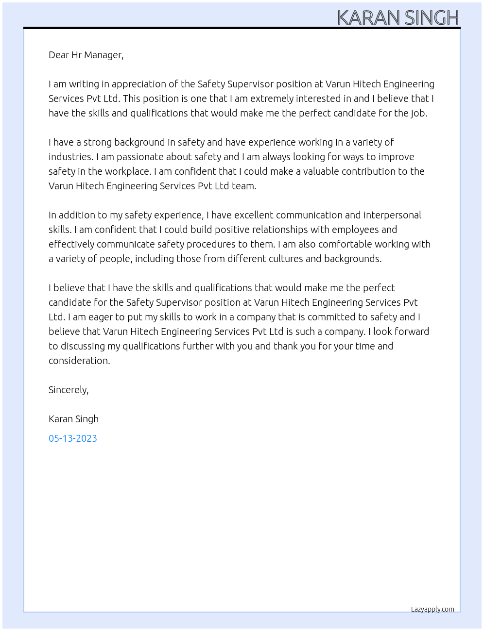 Safety Supervisor At Varun Hitech Engineering Services Pvt Ltd Cover Letter