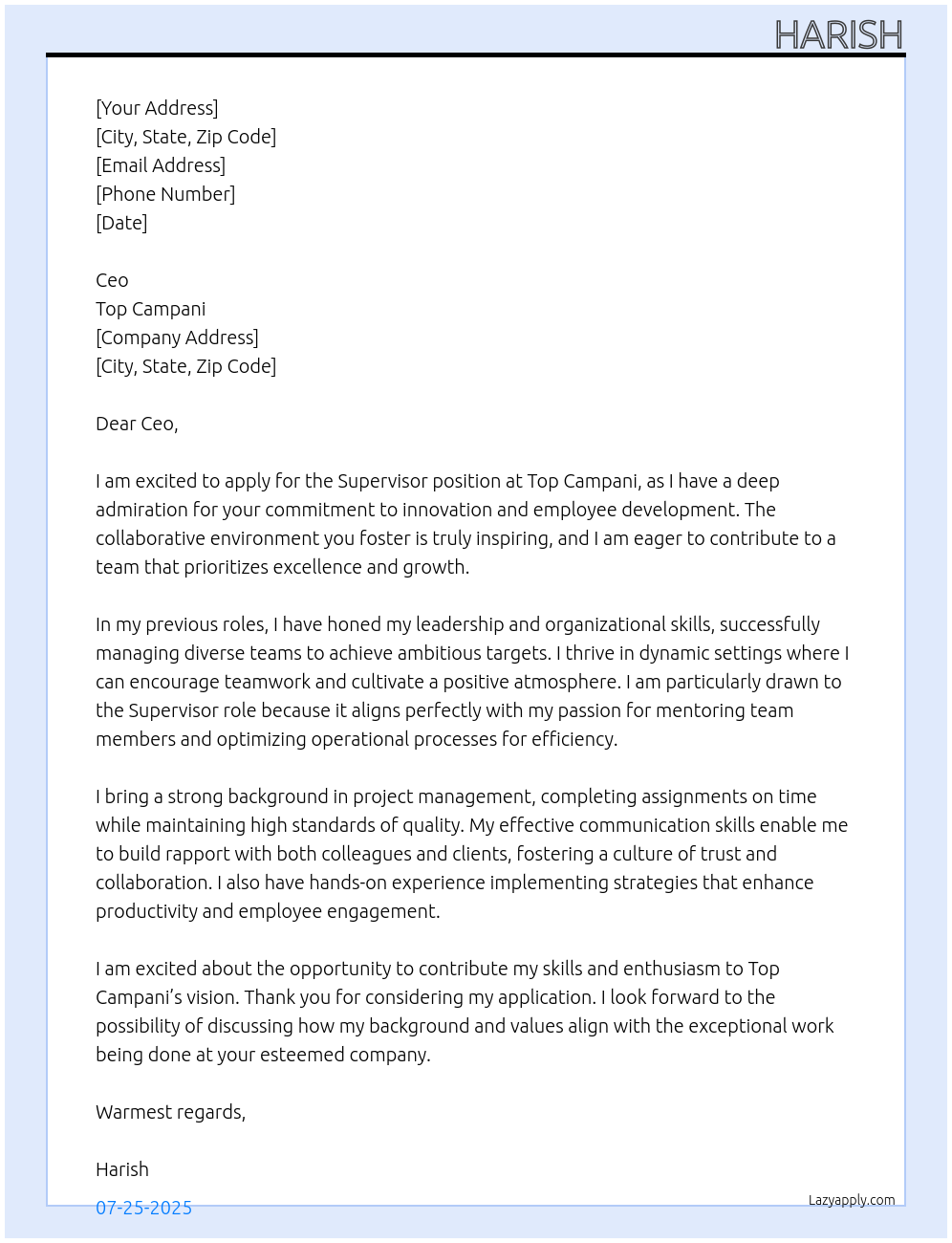 Supervisor At Top campani Cover Letter