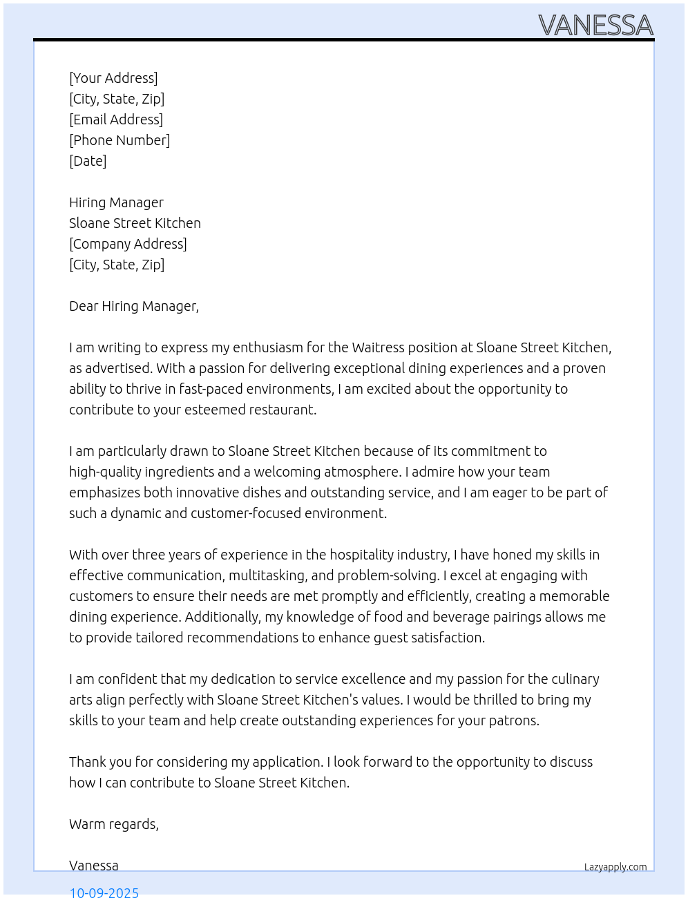 Cover letter for waitress - LazyApply