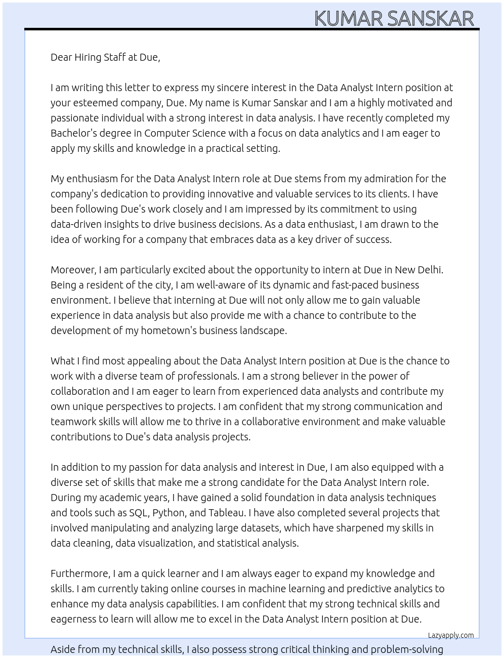 Data analyst intern At Due Cover Letter