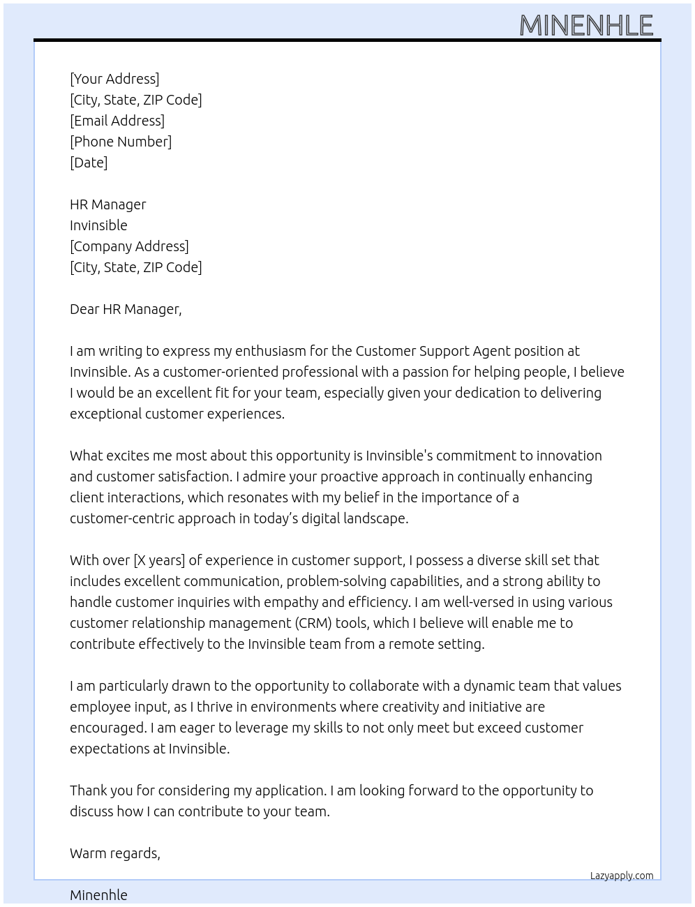 Customer Support Agent At Invinsible Cover Letter