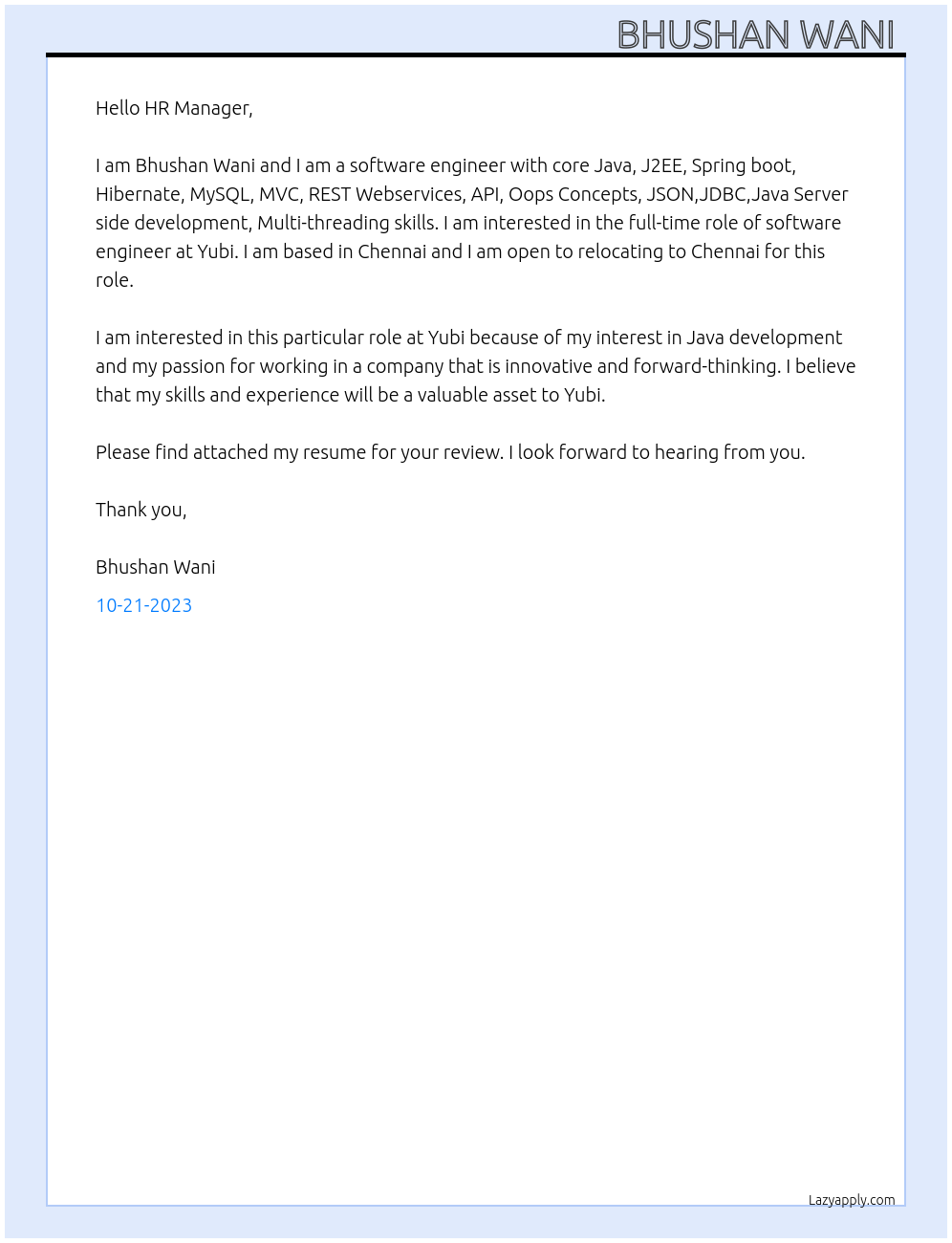 Software Engineer  At Yubi Cover Letter
