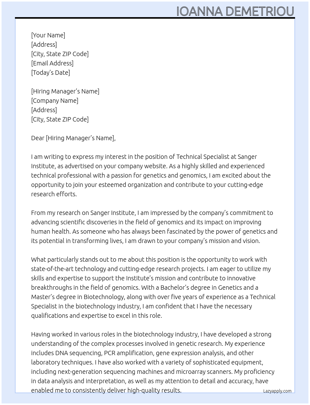 technical specialist At Sanger institute Cover Letter