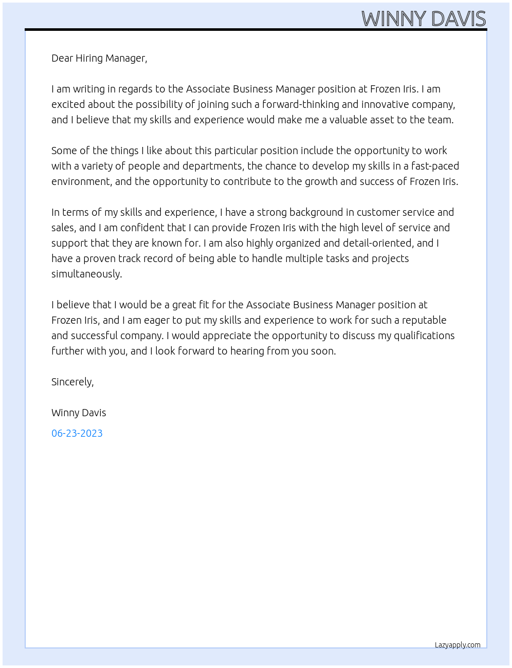 Associate Business Manager At Frozen Iris Cover Letter