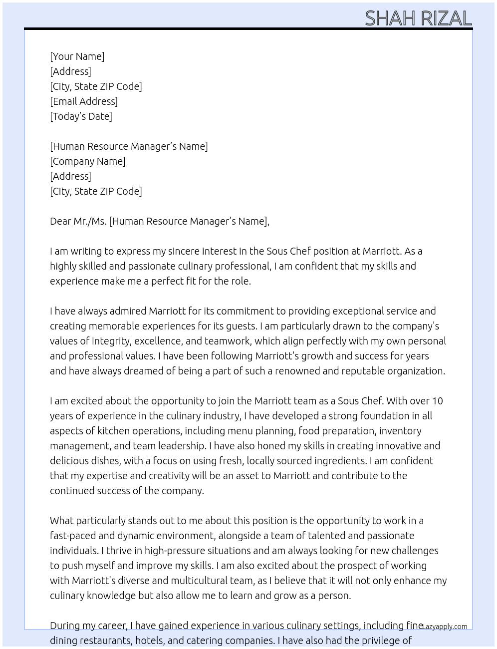 Sous Chef  At Marriott Cover Letter